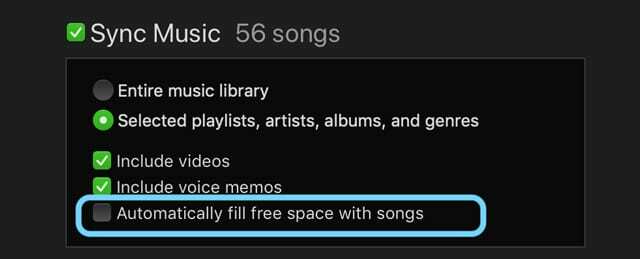 panaikinkite žymėjimą iTunes, kad automatiškai užpildytumėte laisvą vietą dainomis iPhone ar iPad
