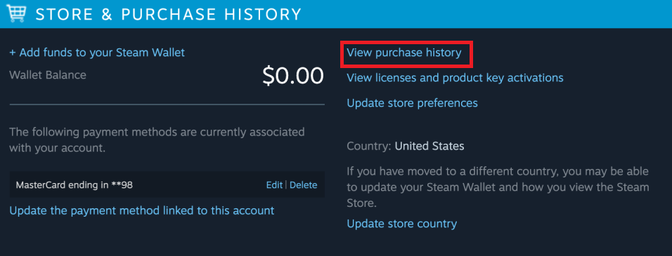 Просмотр истории покупок — Steam
