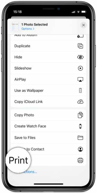 iPhone X prikazuje radnju ispisa u opcijama Share Sheet