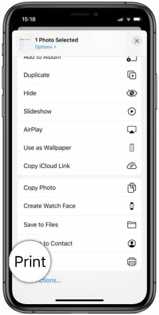 iPhone X affichant l'action Imprimer dans les options de feuille de partage