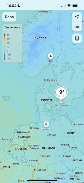 Skärmdump som visar en temperaturkarta på Weather för iOS