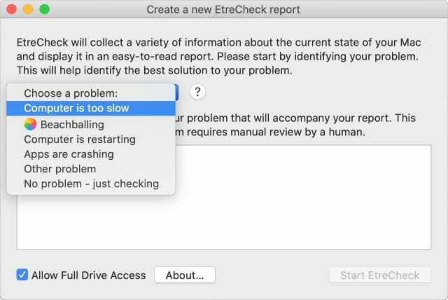 EtreCheck समस्याएँ ड्रॉप-डाउन मेनू
