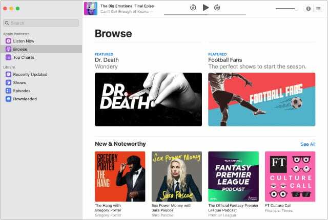 App de podcasts no macOS Catalina