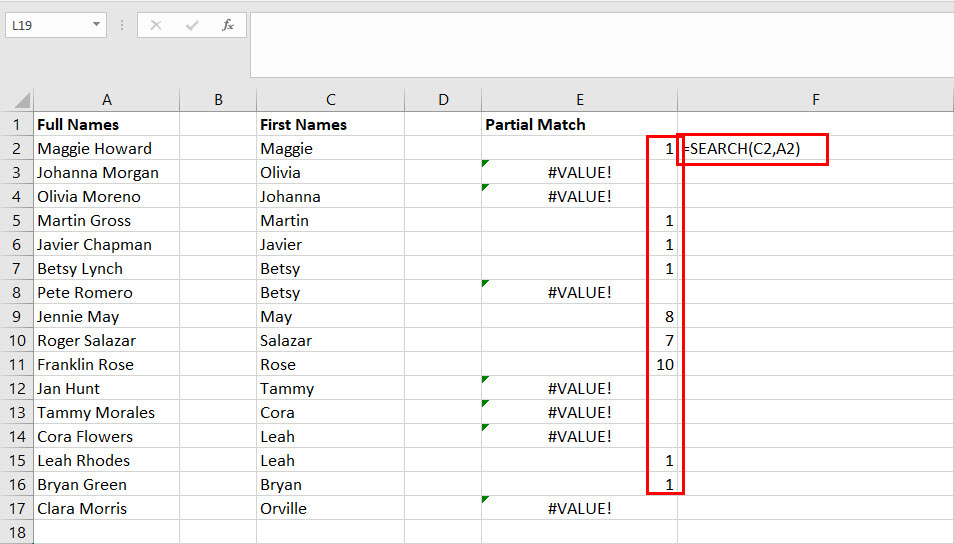 Cum se compară coloanele Excel dacă textul 1 este în interiorul textului 2