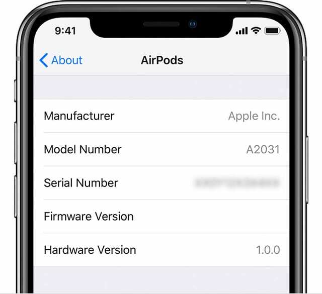 IPhone पर सेटिंग्स में AirPods सीरियल नंबर