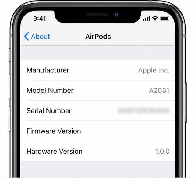 الرقم التسلسلي لـ AirPods في الإعدادات على iPhone