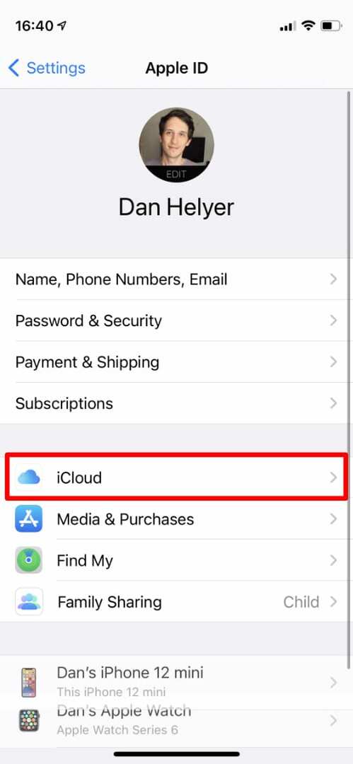 iCloud-optie in Apple ID-instellingen