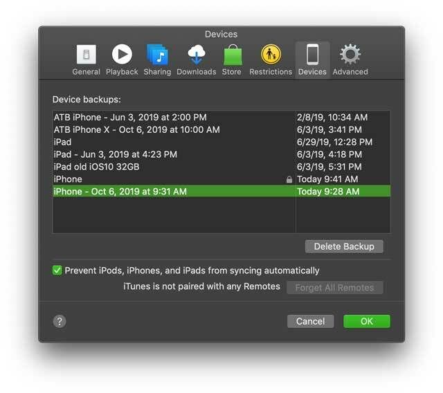 iPhones के प्राप्त बैकअप iTunes में दिनांक और समय दिखाते हैं