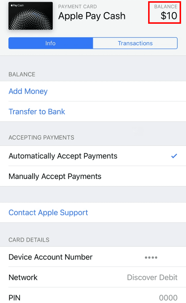 Likutis rodomas Apple Pay Cash kortelėje