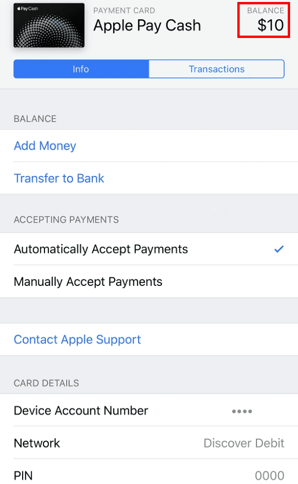 Saldo näkyy Apple Pay Cash -kortilla