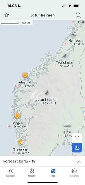 Skärmdump som visar en karta på Yr för iOS