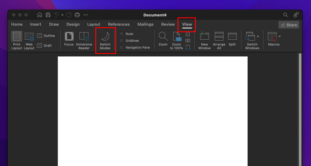 ปุ่มสลับโหมดในโหมดมืด Word สำหรับ Mac