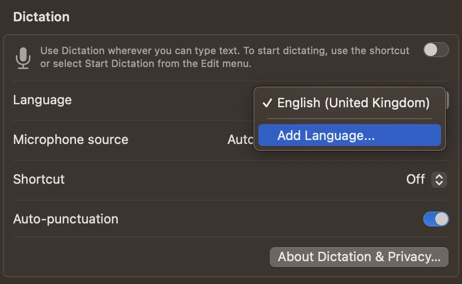 Posnetek zaslona, ​​ki prikazuje možnost spreminjanja jezika za narekovanje v računalniku Mac
