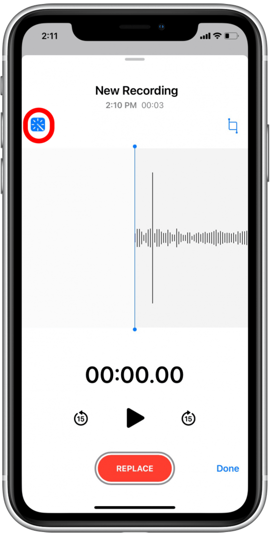 Toque el ícono de la varita mágica resaltado en azul para desactivar la grabación mejorada para esta nota de voz