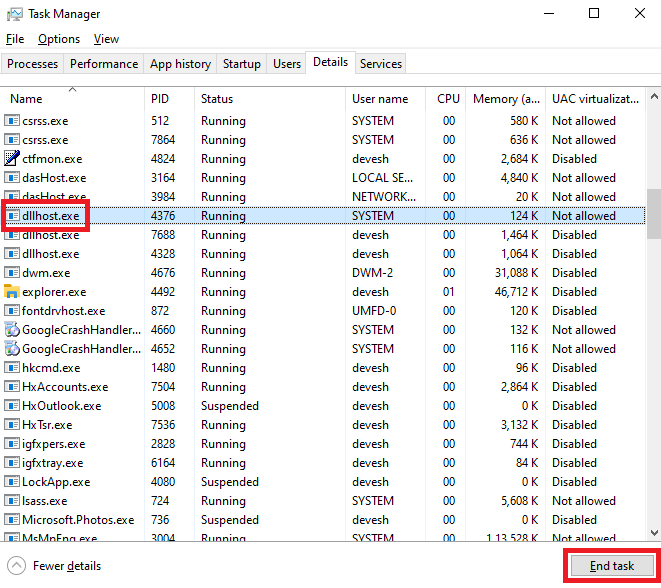 dllhost.exe und wählen Sie die Option Task beenden