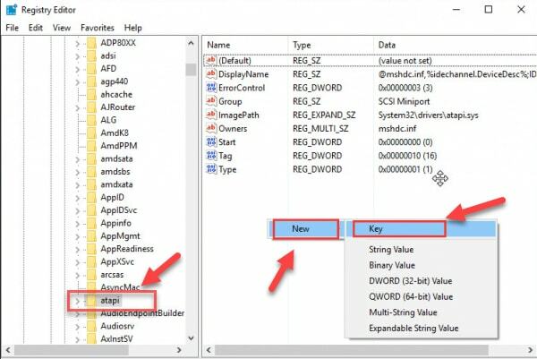 Щракнете с десния бутон върху клавиша atapi, преминете към New, след което изберете Key 