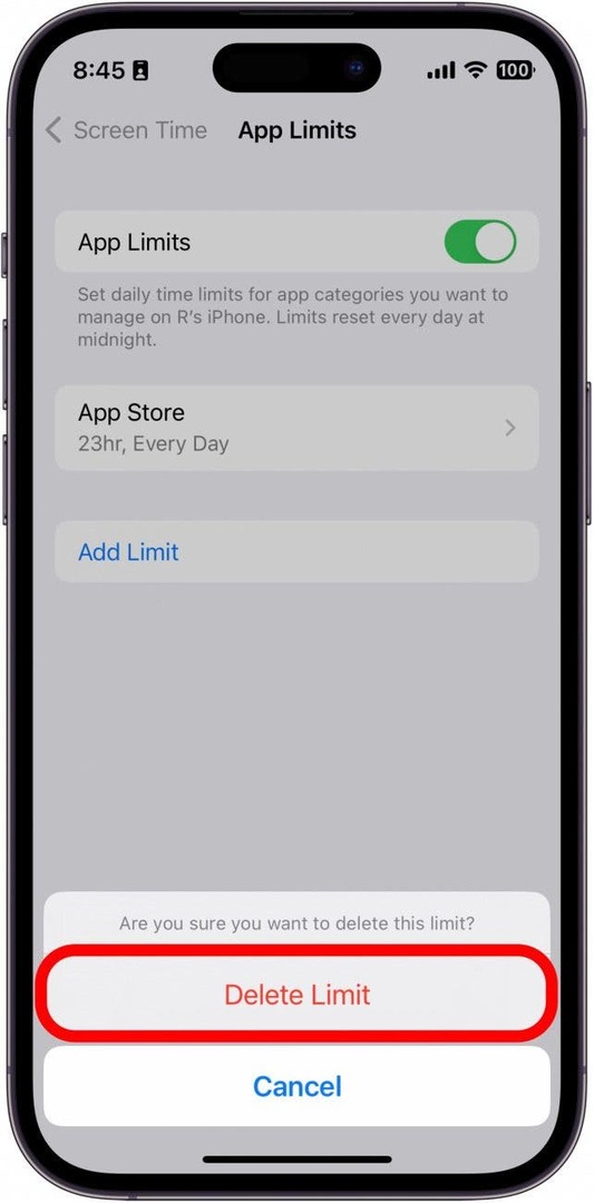 Onaylamak için Limiti Sil'e dokunun.