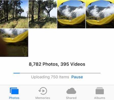 Captura de pantalla de la aplicación Fotos en el proceso de carga de 750 elementos