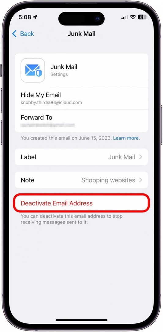 Докоснете Деактивиране на имейл адрес.