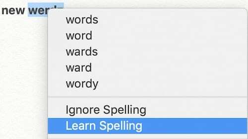 Captură de ecran a opțiunilor de control-clic pe un cuvânt nou în macOS