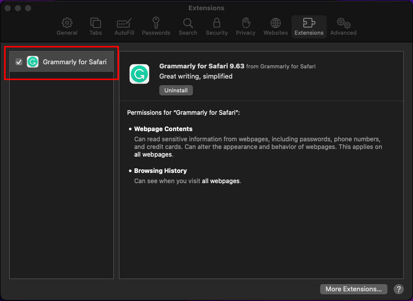 Razširitev Safari za Kako dodati Grammarly v Word na Macu