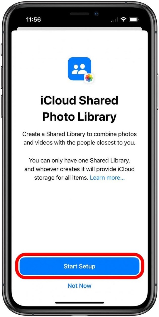 Prvi zaslon za nastavitev iCloud Shared Photo Library z označenim gumbom Start Setup.