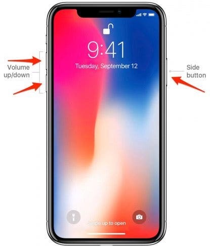iPhone dengan panah menunjuk ke samping dan tombol volume