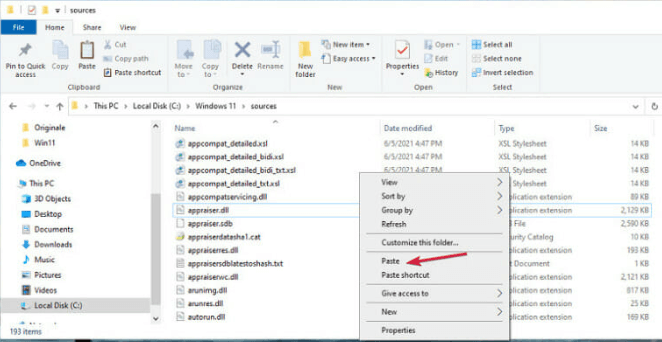 Windows 11 ソースに appraiserres (ドット) dll ファイルを貼り付けます。