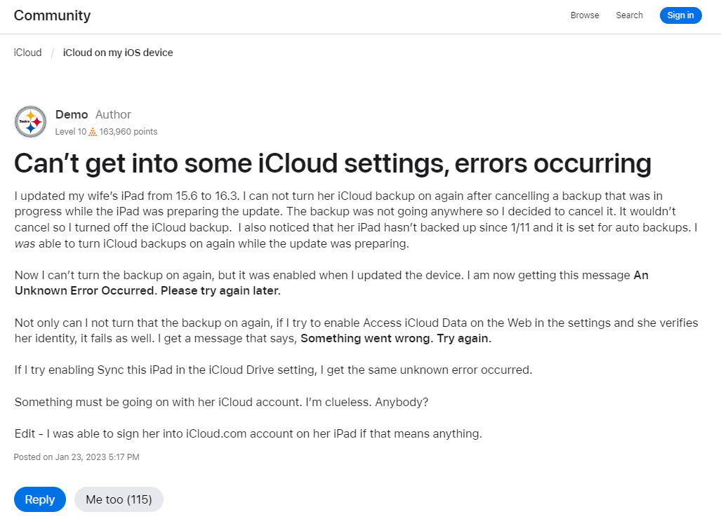 Ветка сообщества Apple по поводу неизвестной ошибки iCloud