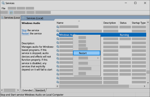 Reinicie los servicios de audio para solucionar el problema de sonido en una PC con Windows 10