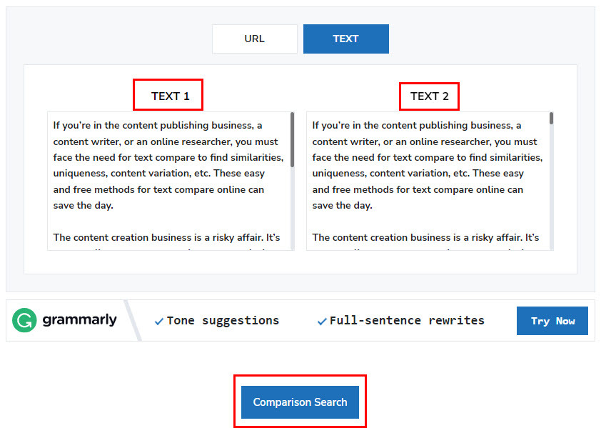 Folosind instrumentul de comparare a textului de la SmallSEOTools