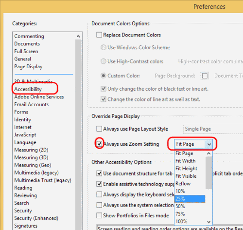 Configurações de acessibilidade do leitor